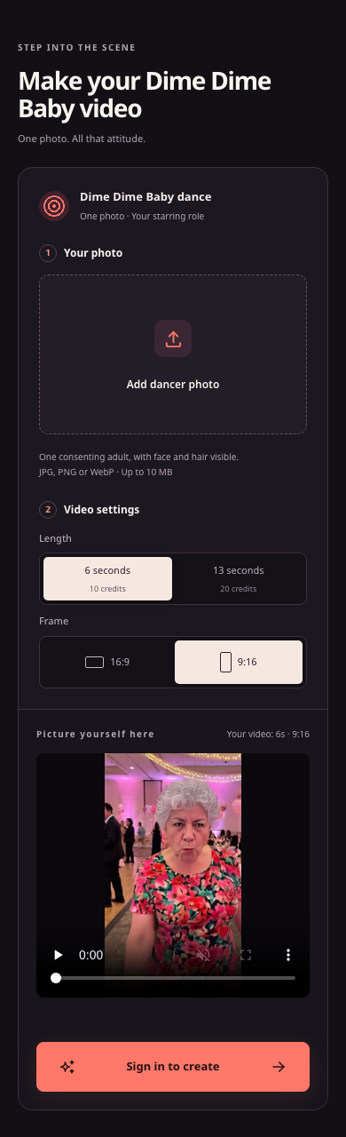 Signed-out mobile browser screenshot of the public ai-dimedimebaby.app generator showing stacked upload, duration, aspect ratio, and sign-in controls.
